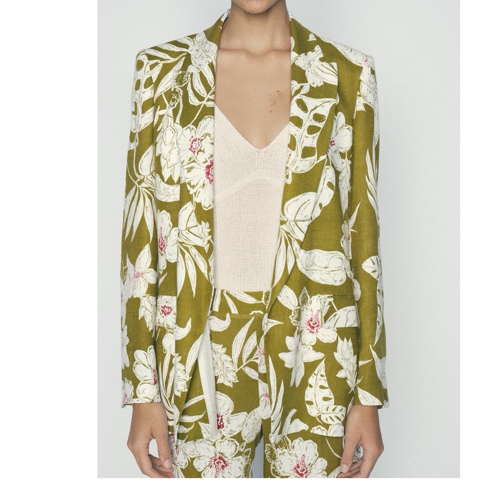 Zara Floral Green Blazer and Pants Set